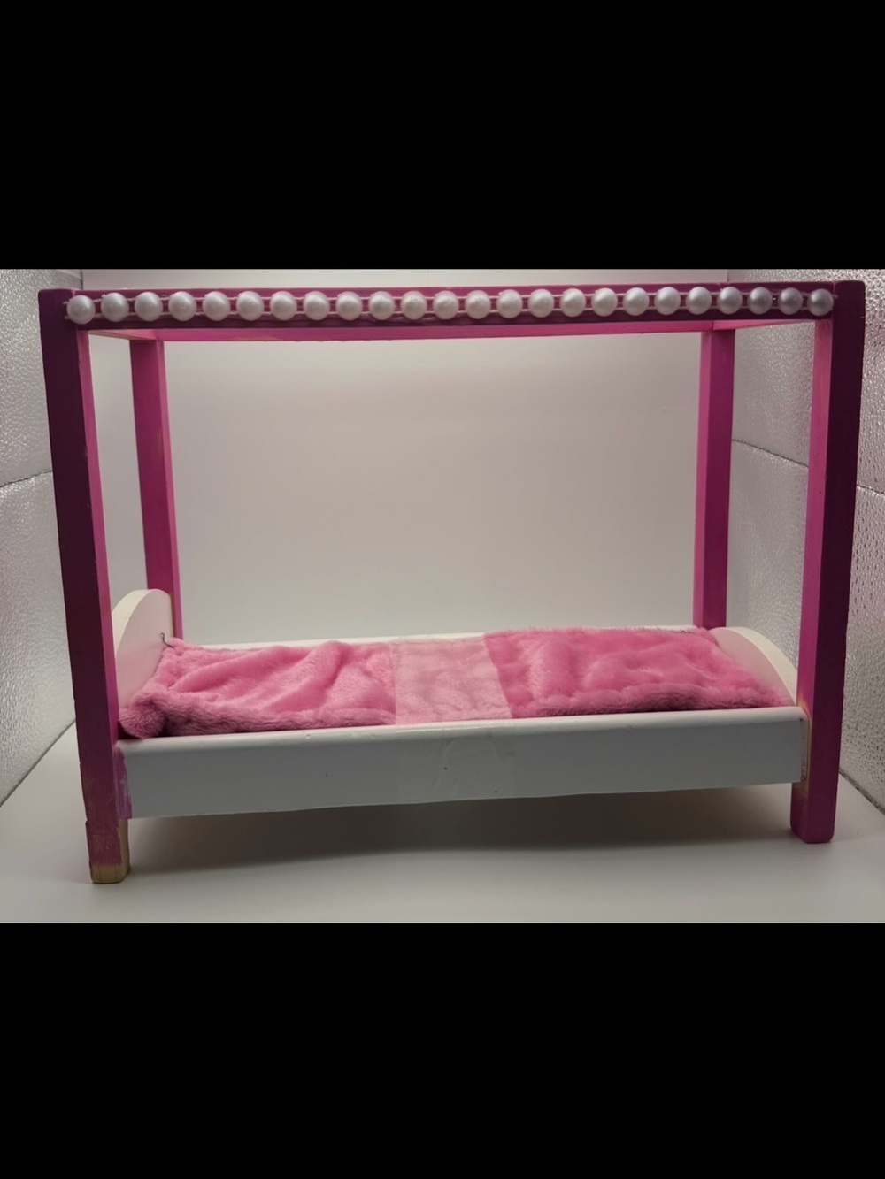 KidKraft Doll Canopy Bed, With Pink Bedding  H 9 1/2 “ X L 12” X W 5 1/2”